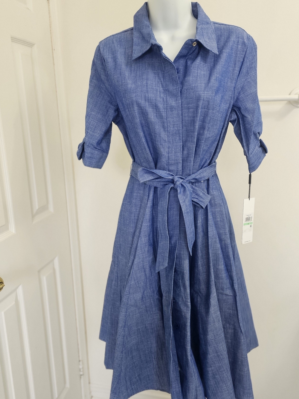 NWT - Summer Calvin Klein Blue Shirt-Waist Tie Midi Dress, Size US 8 - Picture 10 of 11